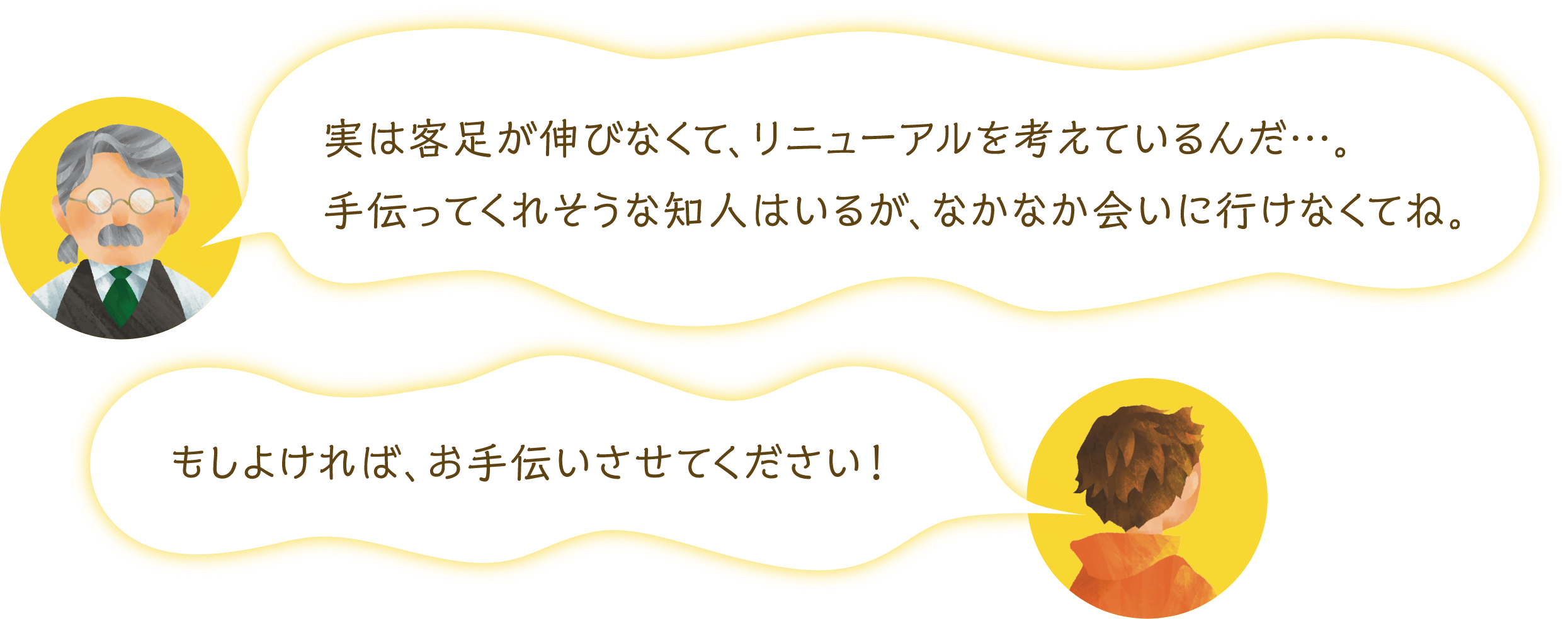 実は客足が伸びなくて、リニューアルを考えているんだ…。手伝ってくれそうな知人はいるが、なかなか会いに行けなくてね。もしよければ、お手伝いさせてください！